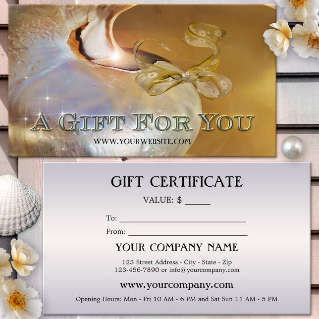 Elegant presentcertifikat med snäckmotiv visitkort (Gift card featuring a shining shell with festive bow and sparkling lights - nautical - coastal)
