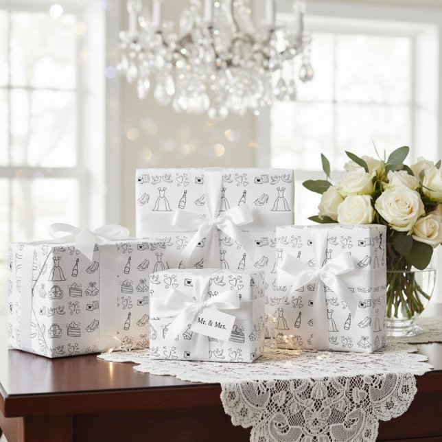Elegant presentpapper för brölloppsdagen (Timeless Wedding Icons Wrapping Paper)