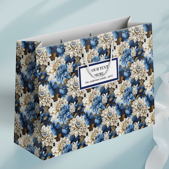 Elegant presentpåse med blommotiv i marinblått och (Chic Navy Blue Ivory Floral Elegant Gift Bag)