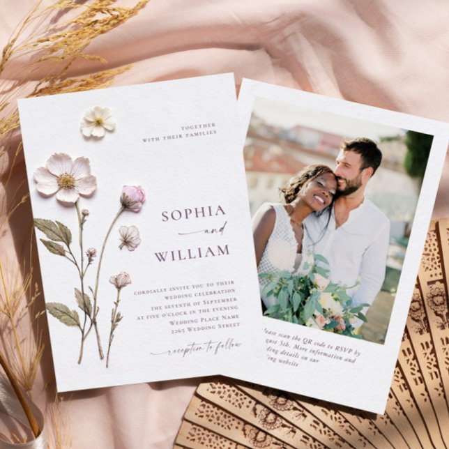 Elegant Pressed Art Pastel Boho Flowers Bröllop Inbjudningar (Skapare uppladdad)