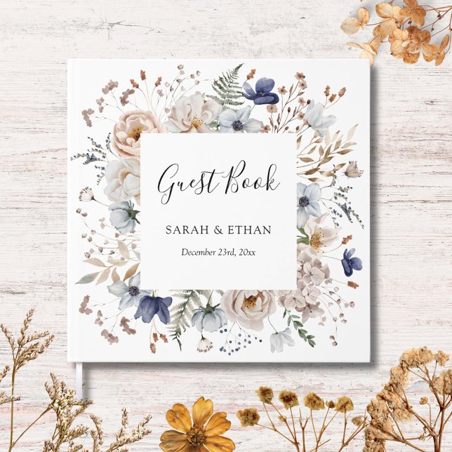 Elegant Pretty Beige Blue Flowers Floral Wedding Gästböcker (In situ)