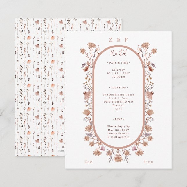 Elegant Pretty Floral Botanical Wedding Invitation Anteckningskort (Fram/baksida)