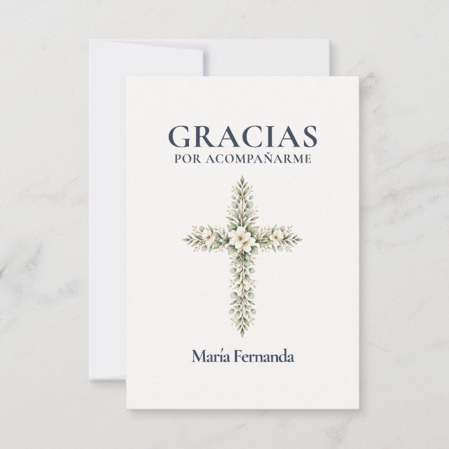 Elegant Primera Comunión Kors Botanisk Tack Kort (Framsida)