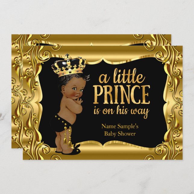 Elegant Prince Baby Shower Black Guld Ethnic Inbjudningar (Fram/baksida)