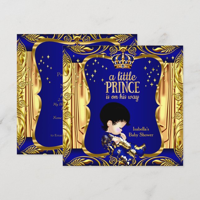 Elegant Prince Baby Shower Blue Guld Brunette Inbjudningar (Fram/baksida)