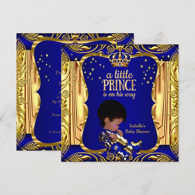 Elegant Prince Baby Shower Blue Guld Ethnic Inbjudningar (Fram/baksida)