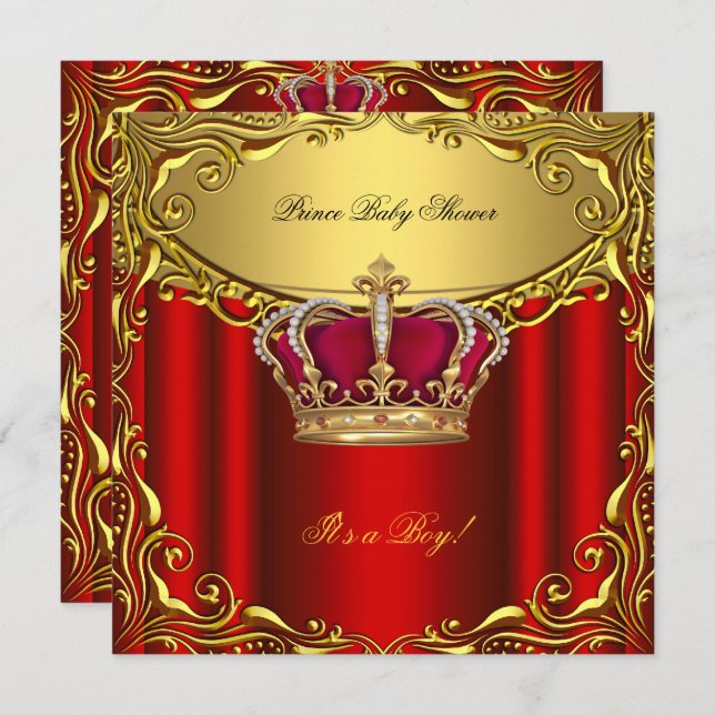 Elegant Prince Baby Shower Regal Red Guld Boy Inbjudningar (Fram/baksida)