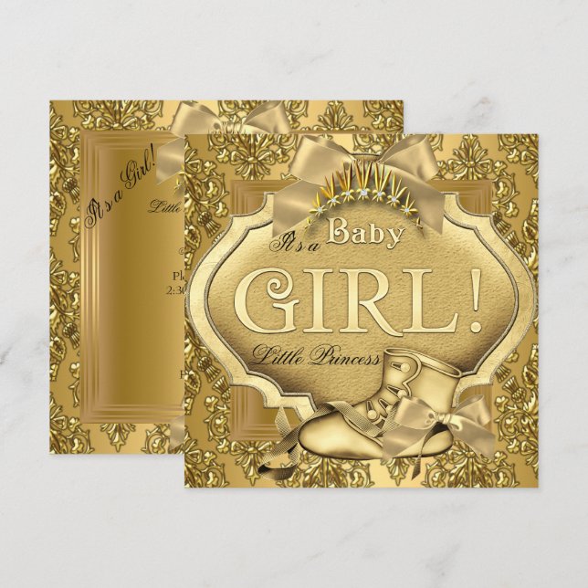 Elegant Princess Baby Shower Flicka Guld Golden Inbjudningar (Fram/baksida)