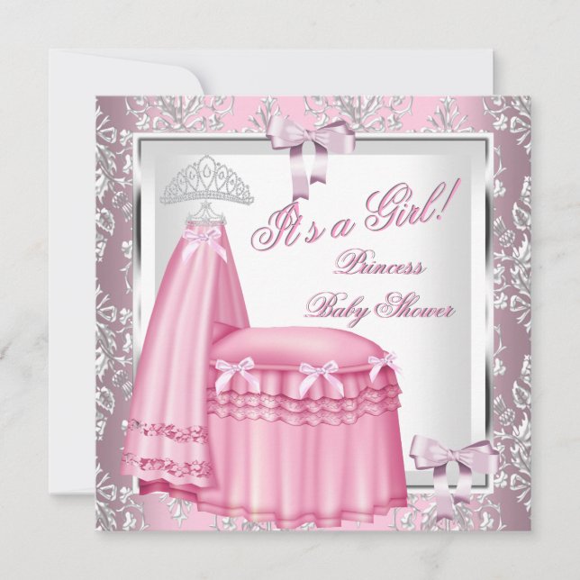 Elegant Princess Baby Shower Girl Rosa Bed 4F Inbjudningar (Framsida)