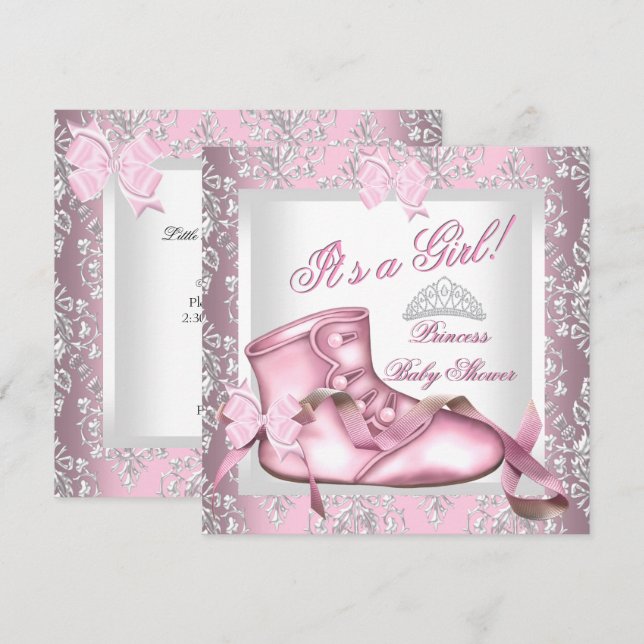 Elegant Princess Baby Shower Girl Rosa Damask 4E Inbjudningar (Fram/baksida)