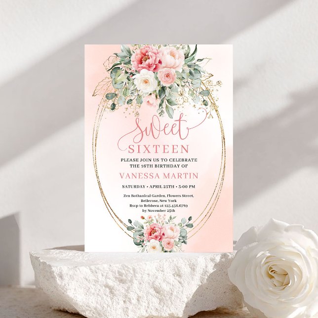 Elegant Princess Blush Floral Sweet Sixteen Invite Inbjudningar (Elegant Princess Blush Floral Sweet Sixteen Invite)