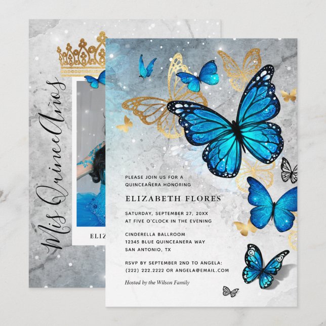 Elegant Princess Guld Blue Butterfly Quinceanera Inbjudningar (Fram/baksida)