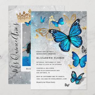 Elegant Princess Guld Blue Butterfly Quinceanera Inbjudningar