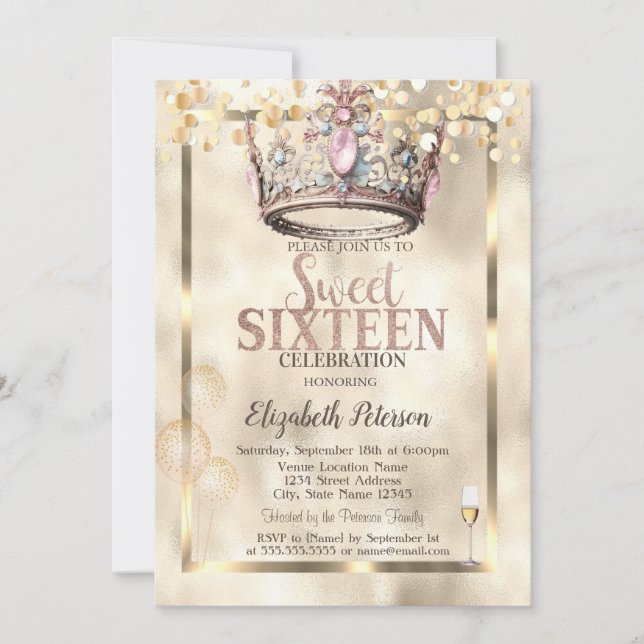 Elegant Princess Krona Balloons Ram Sweet 16 Inbjudningar (Framsida)