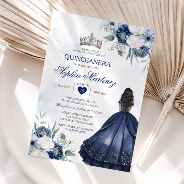 Elegant Princess Quiñceanera Navy Blommigt Silver Inbjudningar (Skapare uppladdad)
