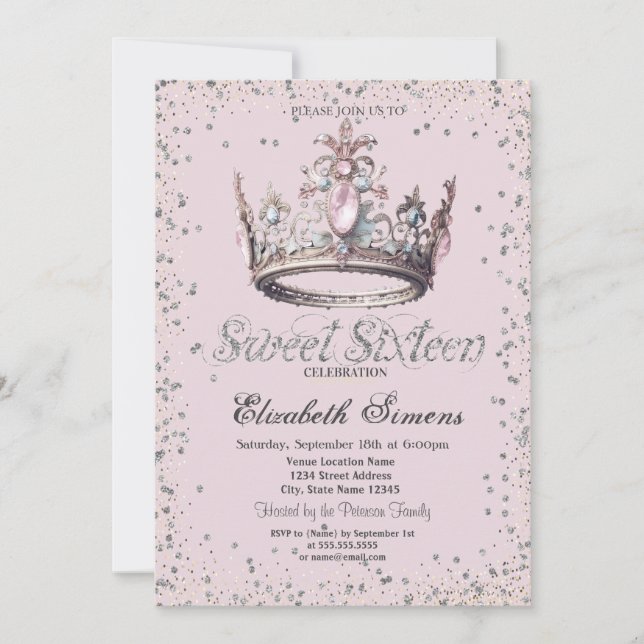 Elegant prinsess krona diamanter konfetti Sweet 16 Inbjudningar (Framsida)