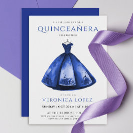 Elegant prinsessa blå klänning Quinceañera akvarel Inbjudningar