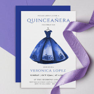Elegant prinsessa blå klänning Quinceañera akvarel Inbjudningar