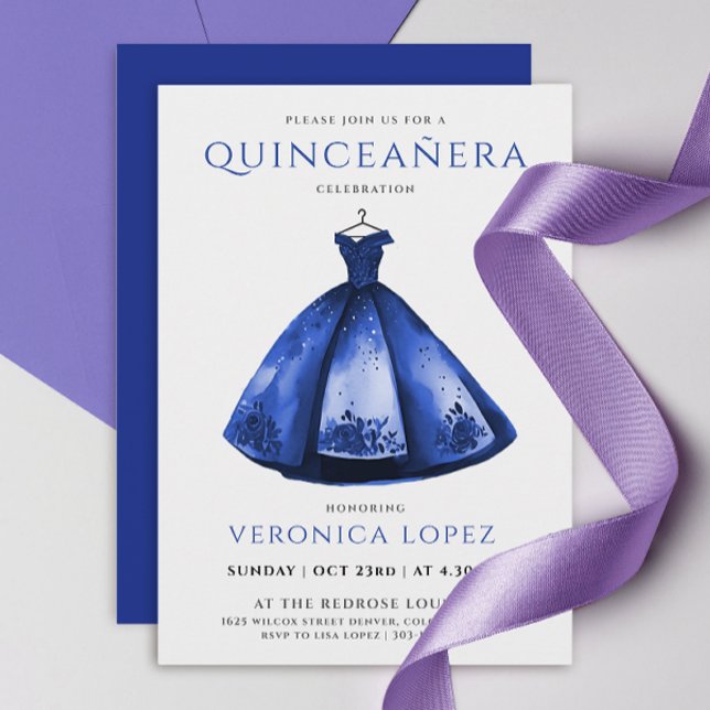 Elegant prinsessa blå klänning Quinceañera akvarel Inbjudningar (Skapare uppladdad)