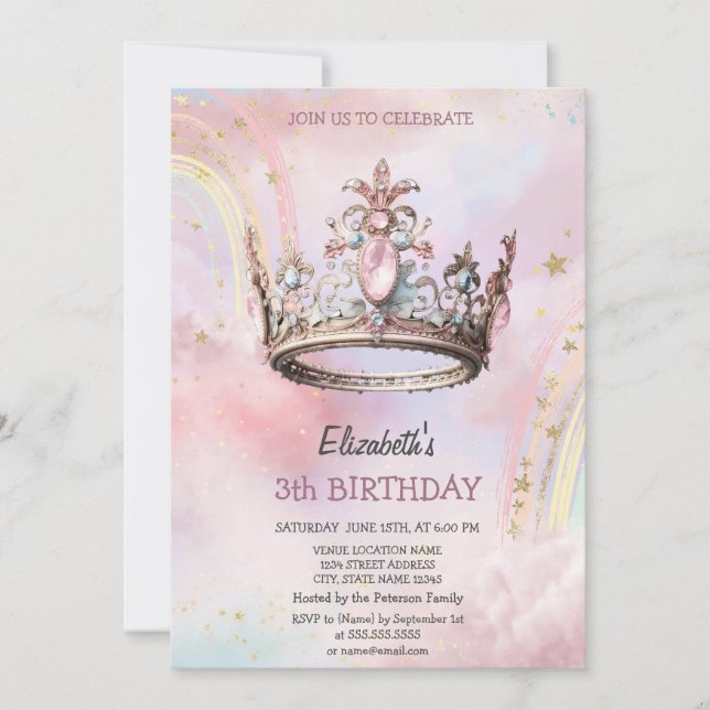 Elegant Prinsessa Kronan Slott Regnbåge Födelsedag Inbjudningar (Framsida)