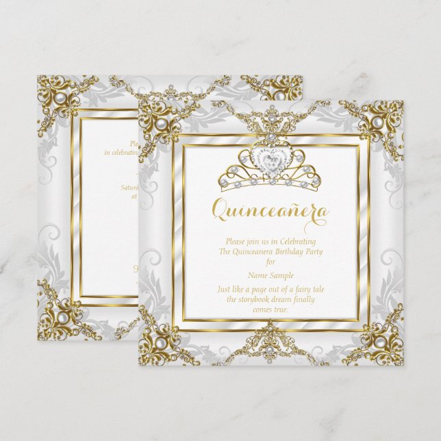 Elegant prinsessa Quinceanera guld vit pärlan Inbjudningar (Fram/baksida)