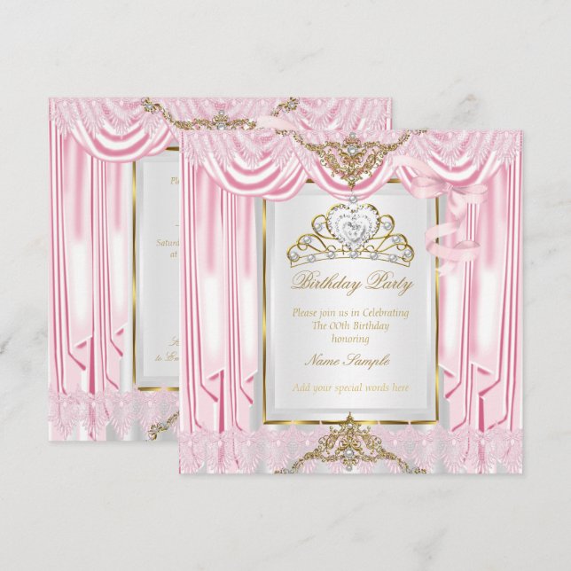 Elegant prinsessa rosa guld vit födelsedagsfest inbjudningar (Fram/baksida)