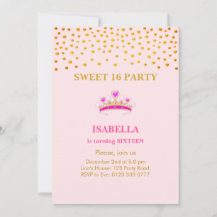Elegant prinsesskrona Sweet 16 på rosa Inbjudningar