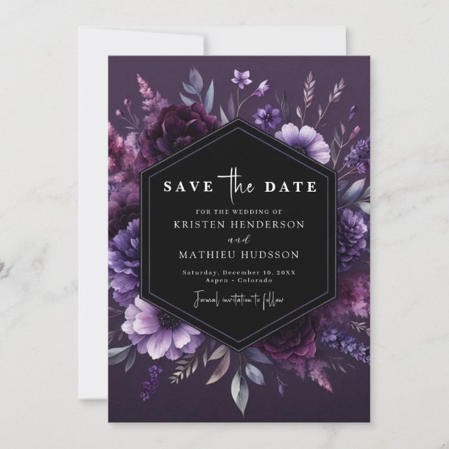 Elegant Printable Lila Blommigt Bröllop Spara Datumet (Framsida)