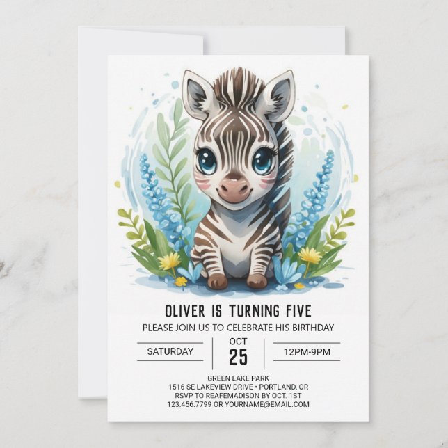 Elegant Printable Safari Zebra Boy Birthday Inbjudningar (Framsida)