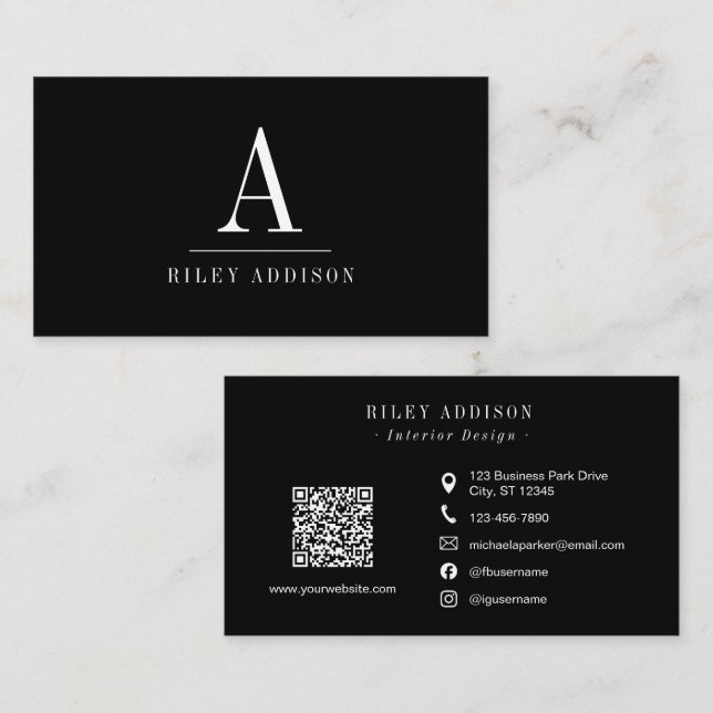 Elegant Professional Monogram Minimalist Black  Visitkort (Fram/baksida)