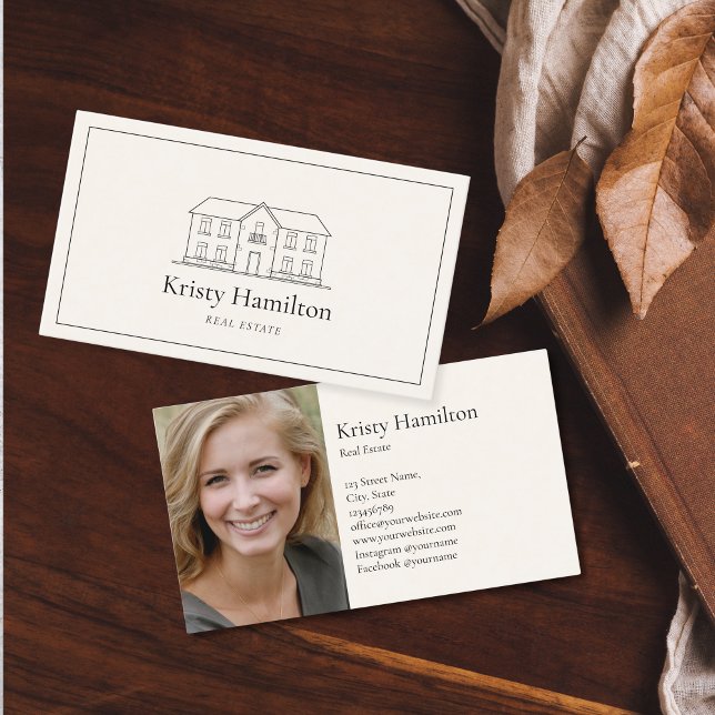 elegant professionell, äkta gods-husfoto visitkort (elegant black house logo on the beige background, simple minimalist style)