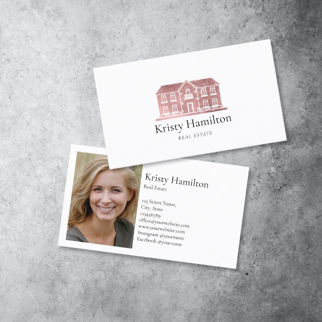 elegant professionell, äkta gods-husfoto visitkort (elegant rose gold house logo business card for realtors with a photo)