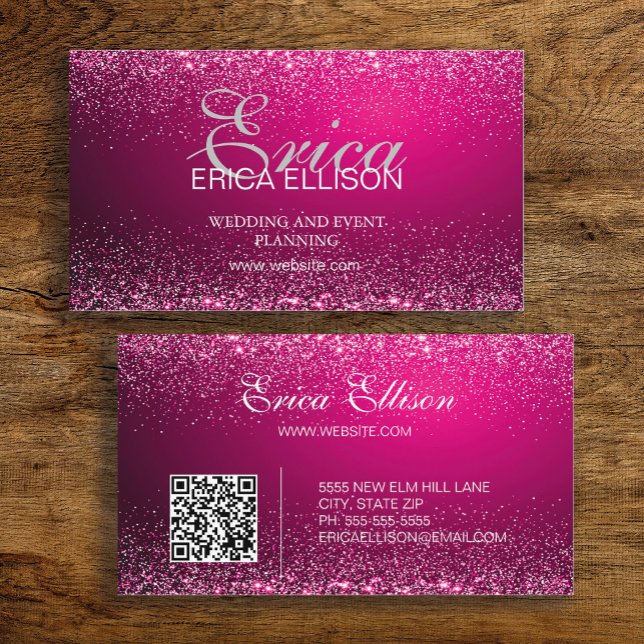 Elegant Professionell Business QR Code Rosa Silver Visitkort (Hot pink business card with silver glitter.  Includes a QR code for your website)