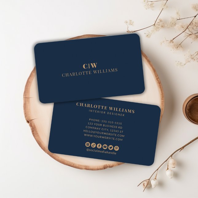 Elegant Professionell Enkel marin Guld i Monogram Visitkort (Elegant Professional Simple Monogram Gold Navy Business Card)