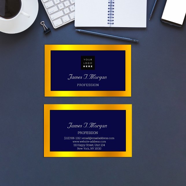 Elegant Professionell Framad Logotyp Vit Guld Visitkort (Elegant Professional Framed Logo Navy White Gold Business Card)