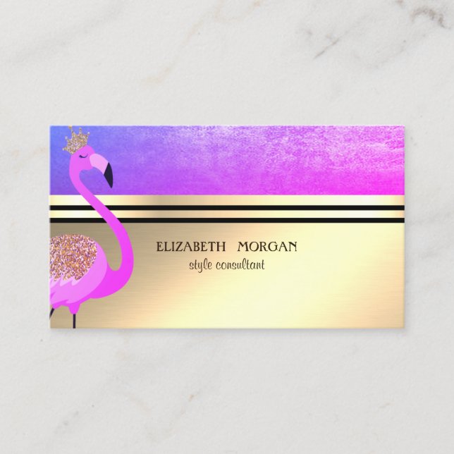 Elegant  Professionell Guld,Ränder,Rosa Flamingo Visitkort (Framsida)