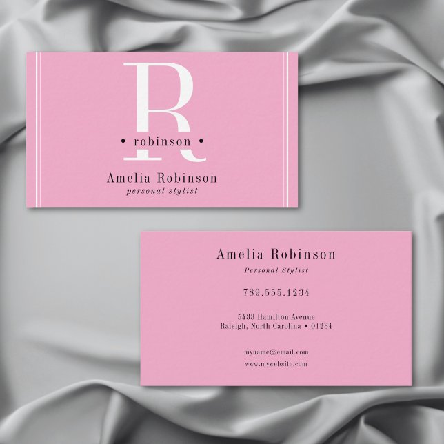 Elegant Professionell Monogram Rosa Black & White Visitkort (Elegant Professional Monogram Pink Black & White Business Card)