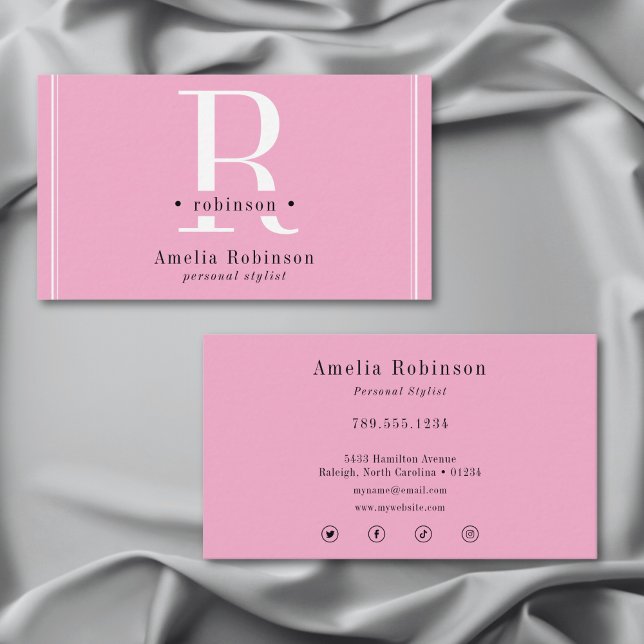 Elegant Professionell Monogram Rosa Black & White Visitkort (Elegant Professional Monogram Pink Black & White Business Card)
