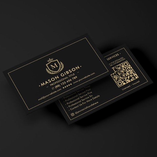 Elegant professionell monogram sköld krona svart visitkort (Elegant Professional Monogram Shield Crown Black Business Card
)