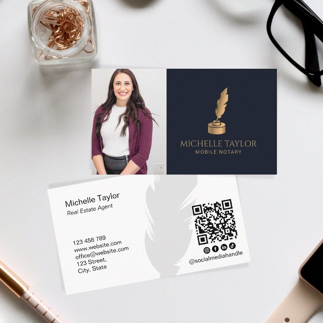 Elegant Professionell Navy Mobile Notary QR-kod Visitkort (Notary Business Card and Logo Design)