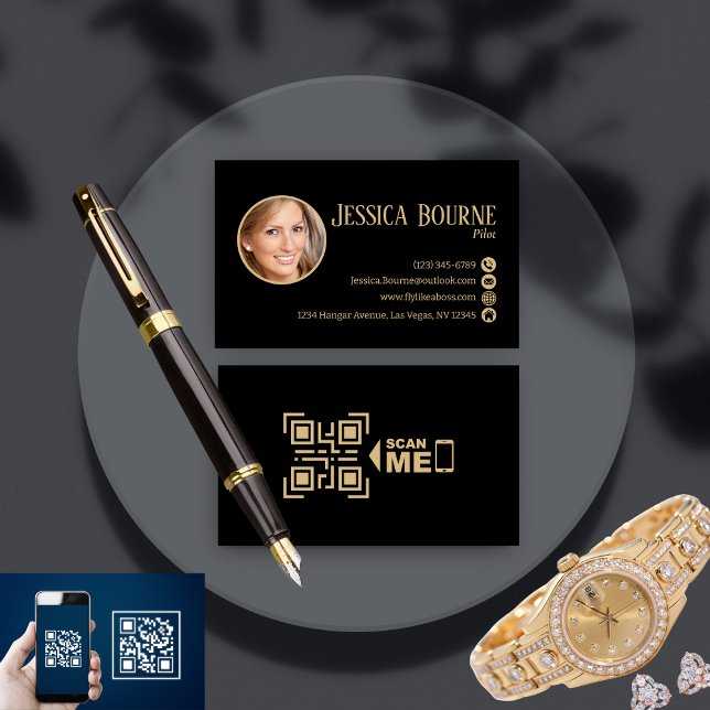 Elegant Professionell Photo Black Guld QR-kod Visitkort (Skapare uppladdad)