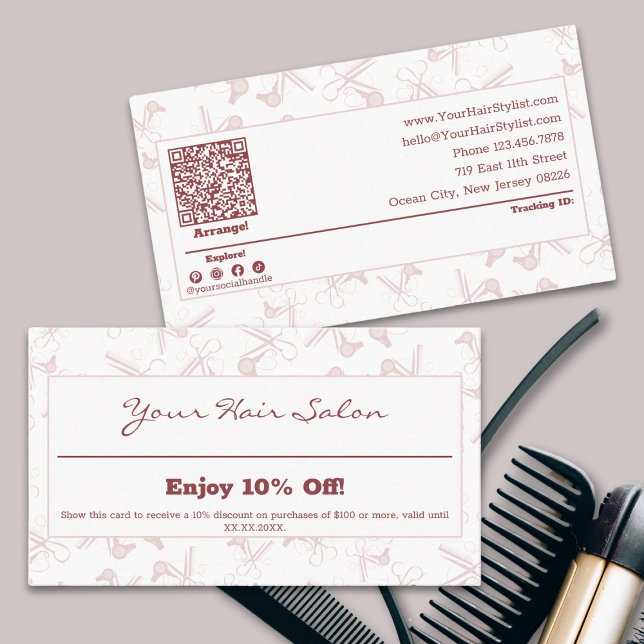Elegant Professionell Rosa & White Hairdresser Rabattkort (Elegant Professional Pink & White Hairdresser Discount Card)