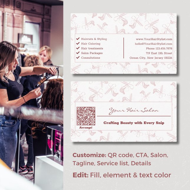 Elegant Professionell Rosa & White Hairdresser Visitkort (Elegant Professional Pink & White Hairdresser Business Card)