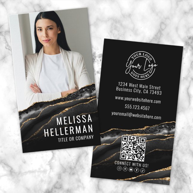Elegant Professionell Svart Guld Agat Visitkort (Elegant Professional Black Gold Agate Business Card)