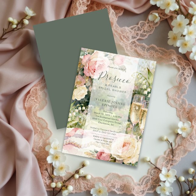 Elegant Prosecco & Pärlor Glittrande Bröllopsfest Inbjudningar (Chic Serene Prosecco & Pearls Glitter Bridal Shower Invitation Card Featuring Elegant Feminine Cards)