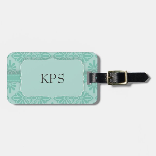Elegant prydnads-teal-monogram-res luggagemärke bagagebricka (Horisontell Framsida)