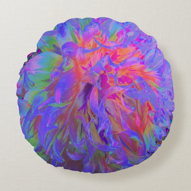 Elegant Psychedelic Decorative Dahlia Flower Rund Kudde (Framsidan)