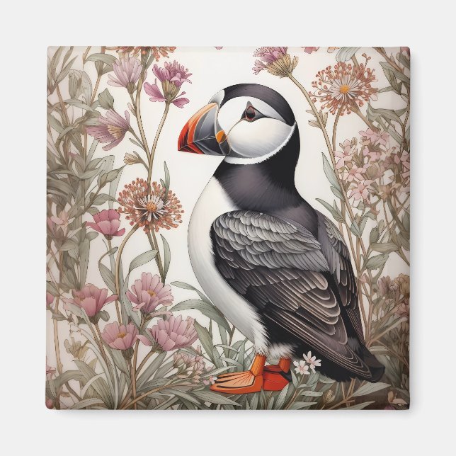 Elegant Puffin William Morris Inspired Blommigt Magnet (Framsidan)