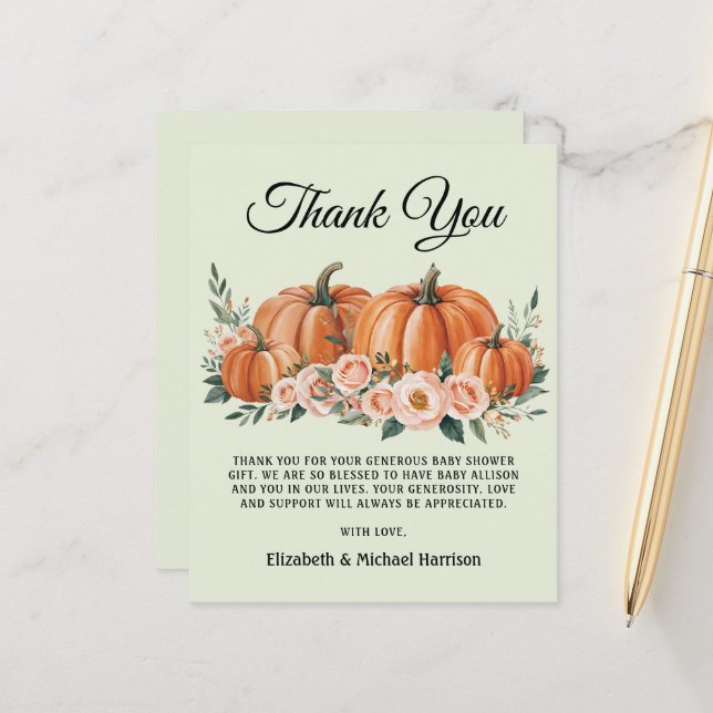 Elegant pumpa blommig baby shower tackkort (Fram/Back In Situ)