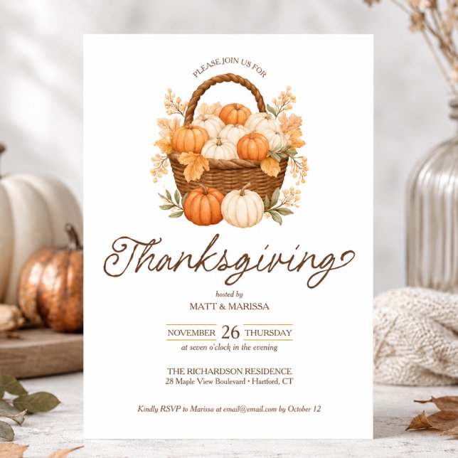 Elegant pumpa Thanksgiving-middagsinbjudan Inbjudningar (elegant pumpkin harvest basket thanksgiving friendsgiving dinner invitation card)